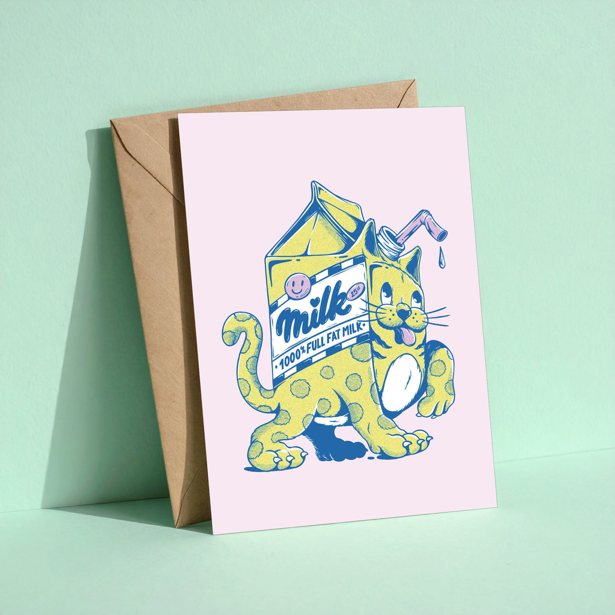 Cat Milk reusable greeting card with kraft envelope