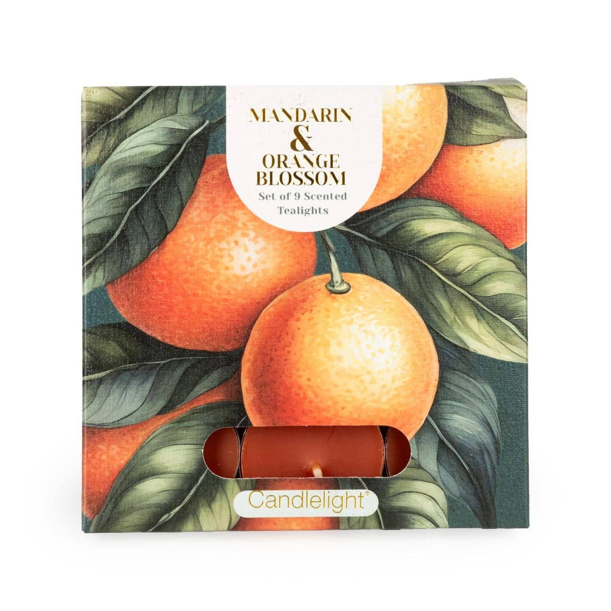 Pack of candles with mandarin and orange design on a white background