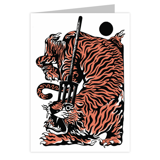 Front of the Riding the Tiger reusable greeting card