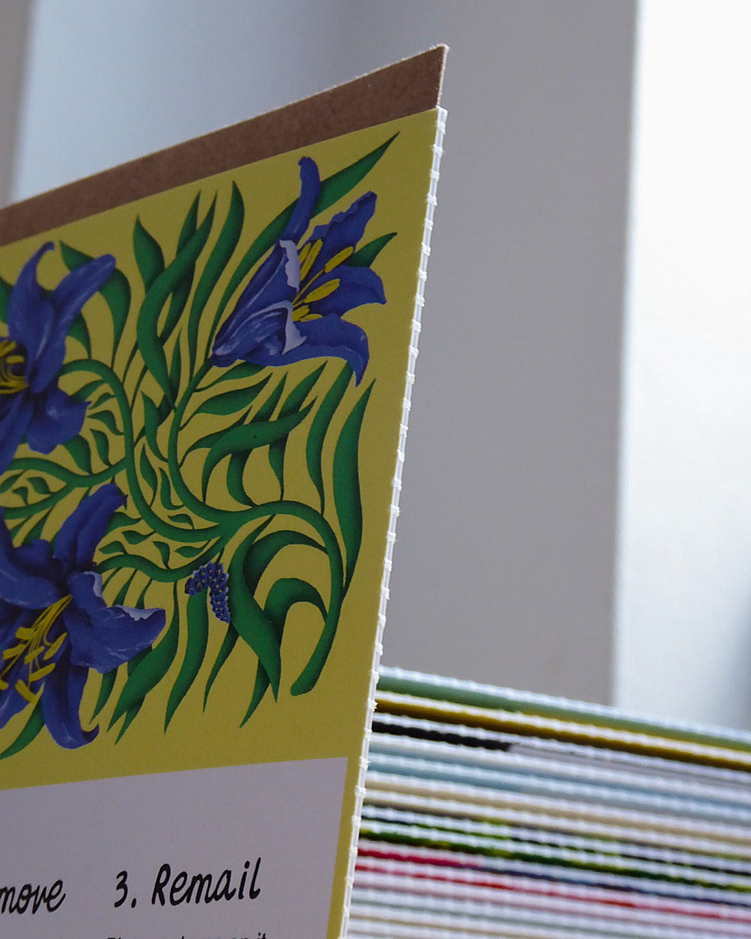Close-up of a reusable greeting card showing its perforated edge, floral design and postcard-style interior, with a stack of colourful cards in the background.