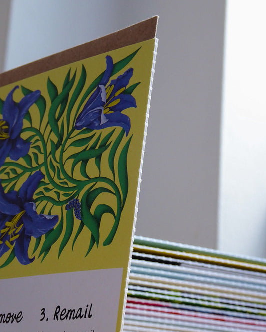 Close-up of a reusable greeting card showing its perforated edge, floral design and postcard-style interior, with a stack of colourful cards in the background.