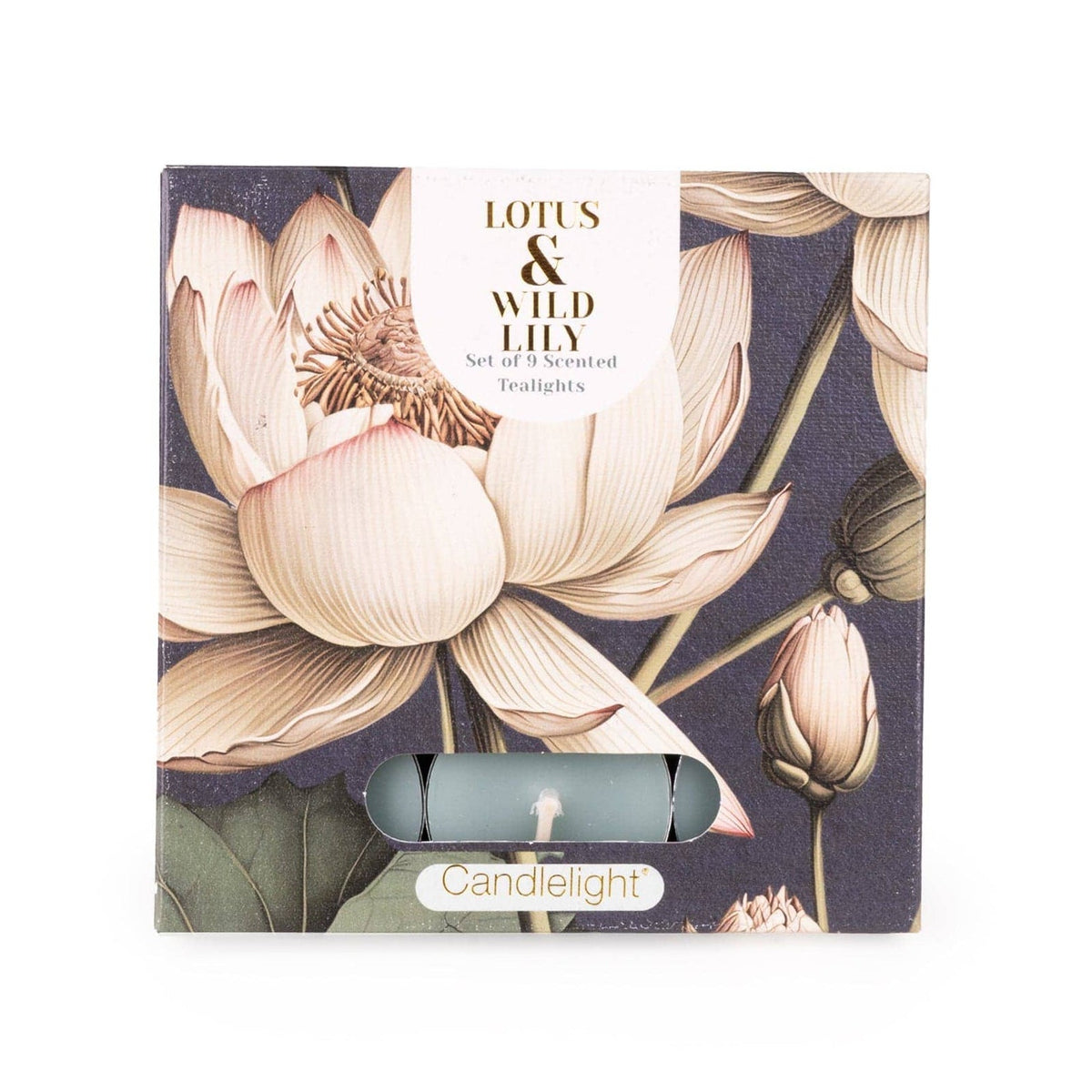 Candle packaging with floral design and 'Lotus & Wild Lily' branding on a white background