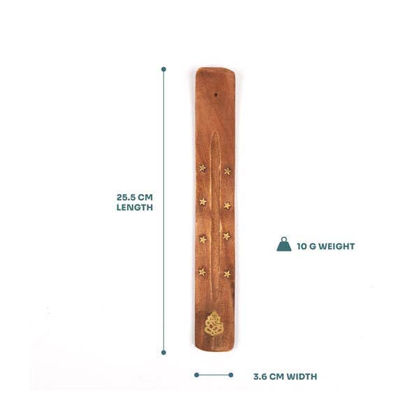 Wooden incense stick holder with measurements on a white background