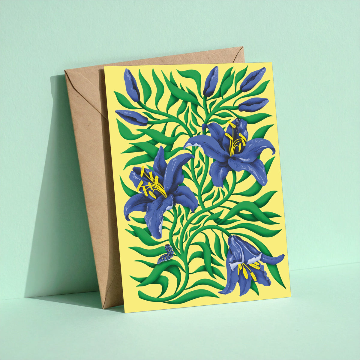Blue Lilies reusable greeting card with kraft envelope