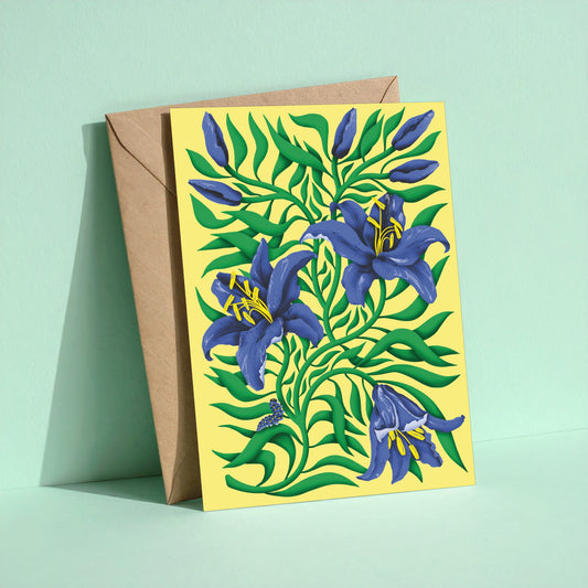 Blue Lilies reusable greeting card with kraft envelope