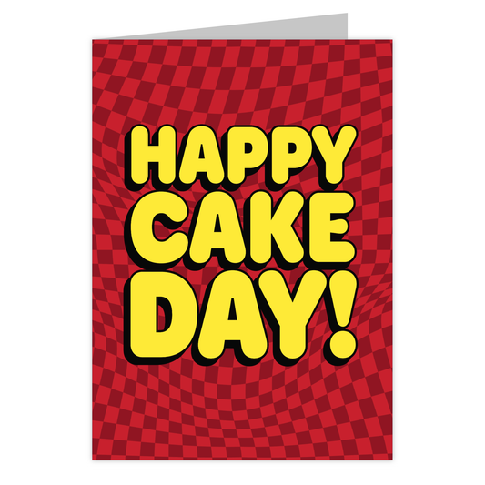 Front of the Happy Cake Day (Red) reusable birthday card