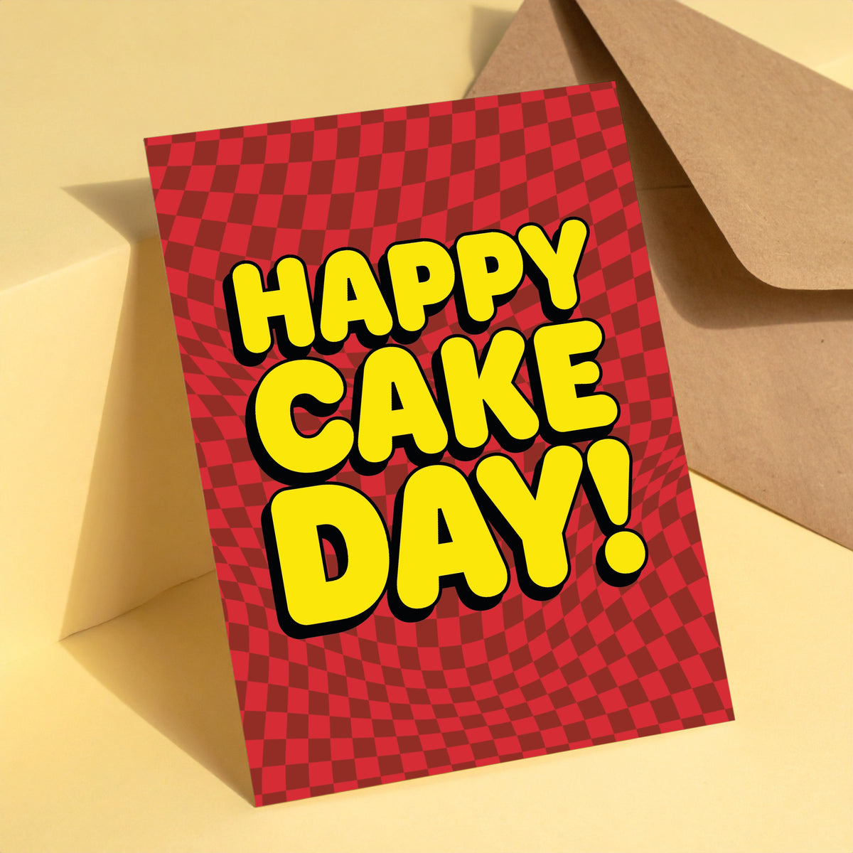 Happy Cake Day (Red) reusable birthday card with kraft envelope