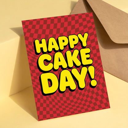 Happy Cake Day (Red) reusable birthday card with kraft envelope
