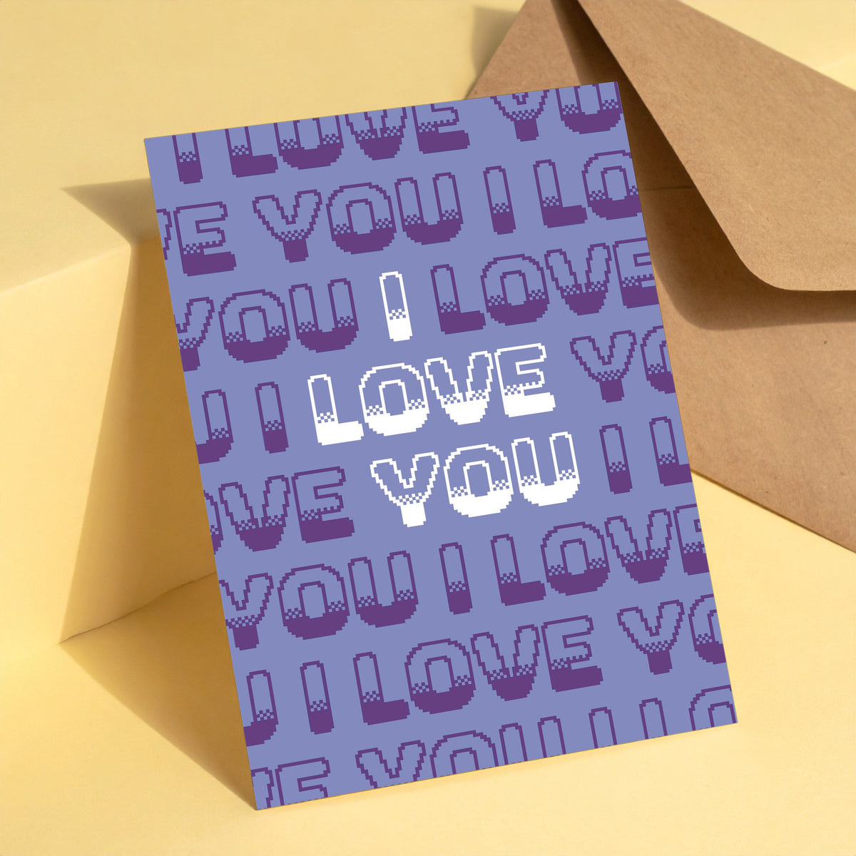 I Love You Retro (Purple) reusable love card with kraft envelope