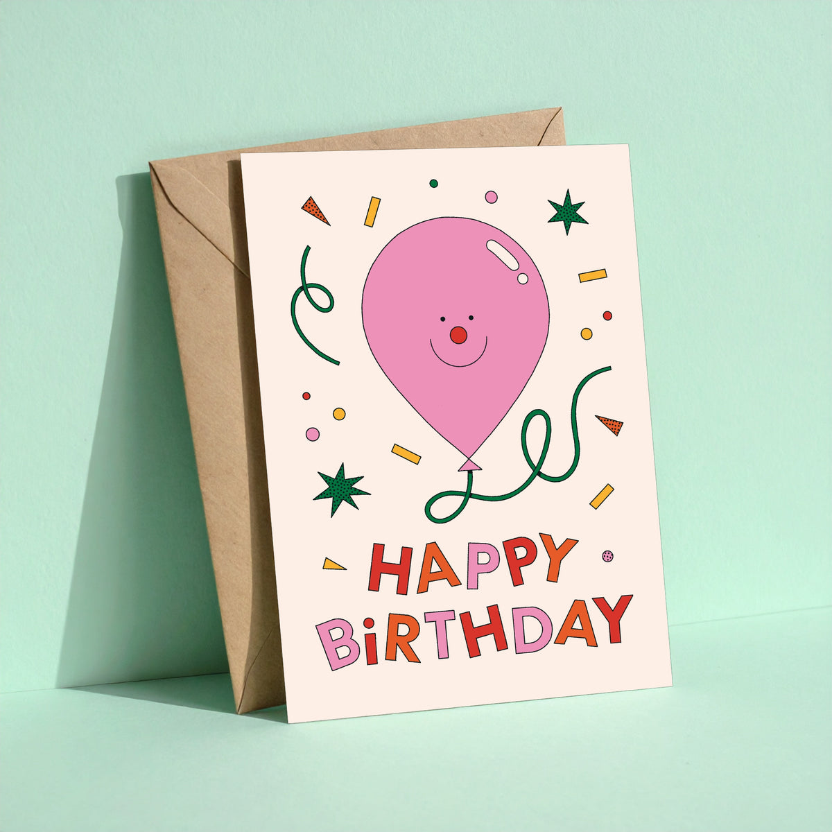 Pink Balloon reusable birthday card with kraft envelope