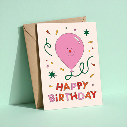 Pink Balloon reusable birthday card with kraft envelope
