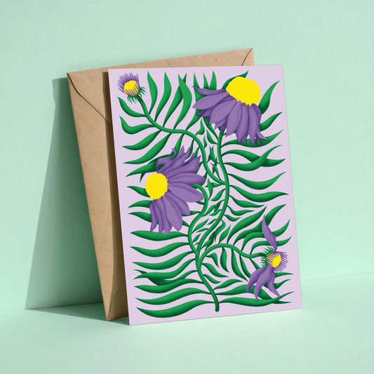 Purple Echinacea reusable greeting card with kraft envelope