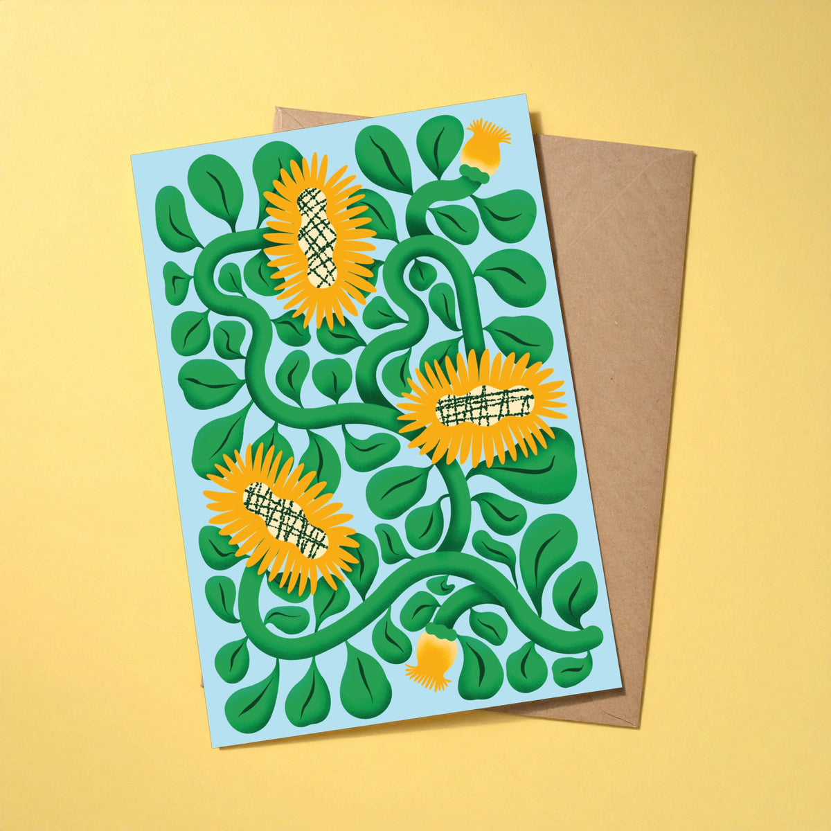 Three Sunflowers reusable greeting card with kraft envelope