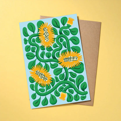 Three Sunflowers reusable greeting card with kraft envelope