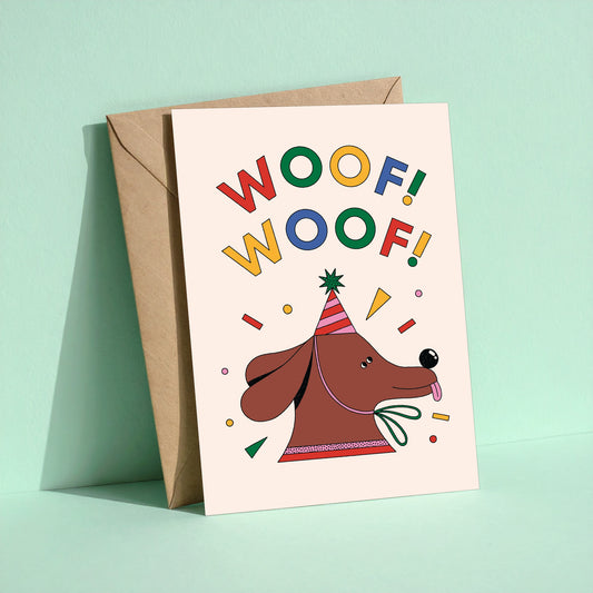 Woof Woof! reusable birthday card with kraft envelope