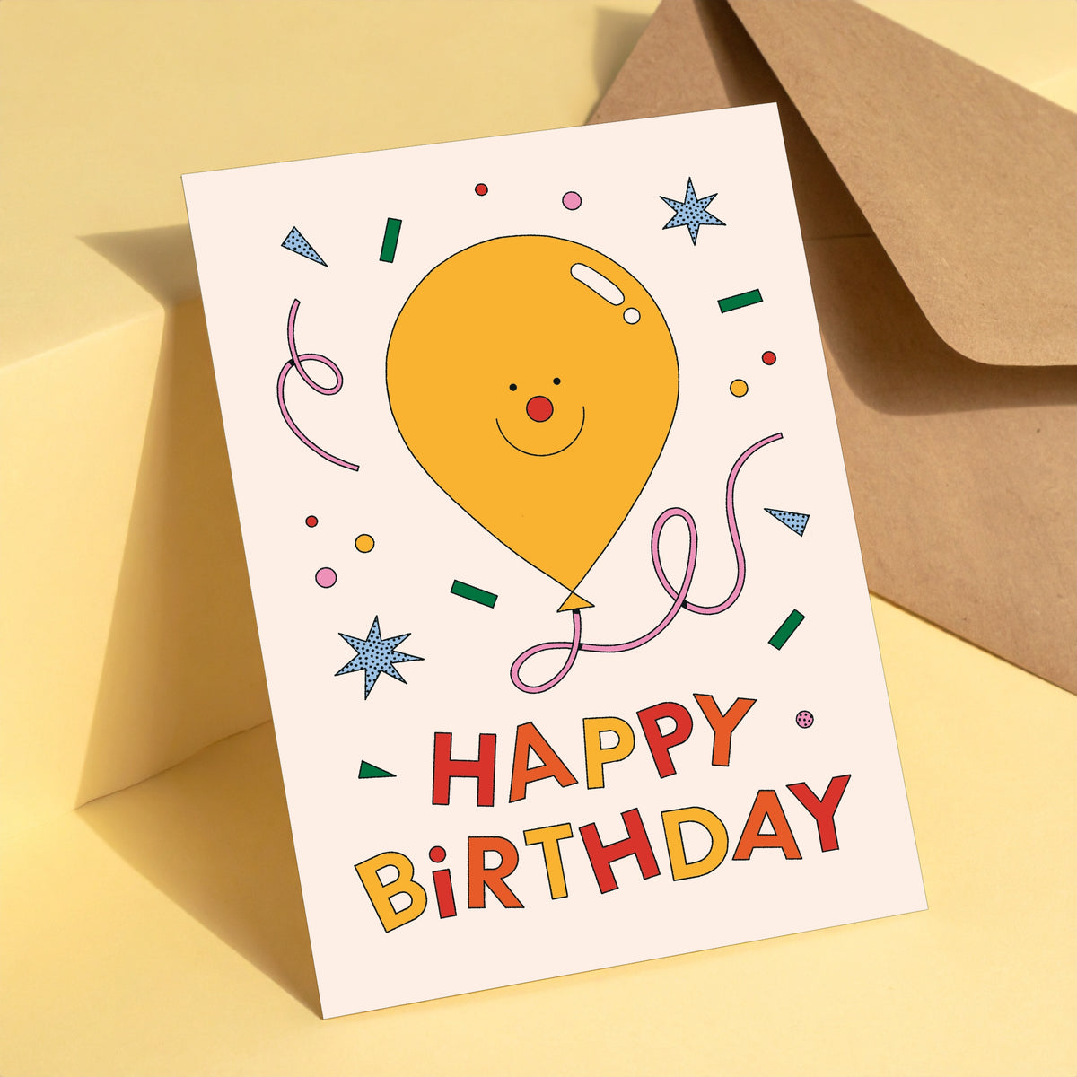 Yellow Balloon reusable birthday card with kraft envelope